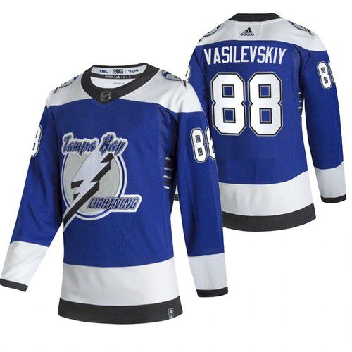 Men Tampa Bay Lightning #88 Vasilevskiy Blue NHL 2021 Reverse Retro jersey